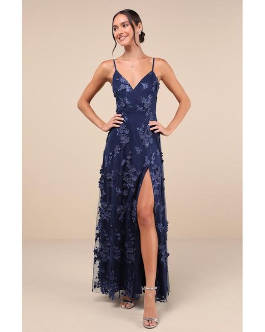 Lulus Blue Rare Presence 3D Floral Surplice Maxi Dress