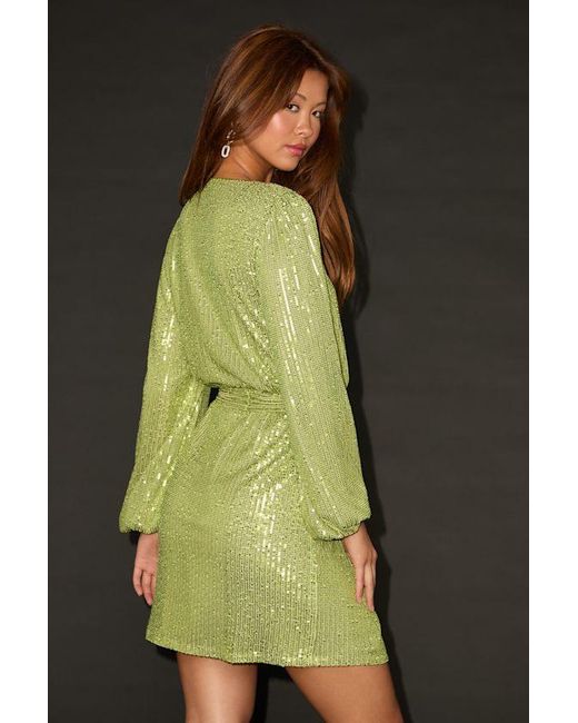 Lulus Green Sparkly Darling Chartreuse Sequin Long Sleeve Wrap Dress
