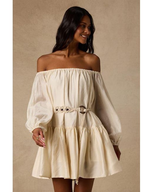 Lulus Natural Ainsley Cream Off-The-Shoulder Belted Mini Dress