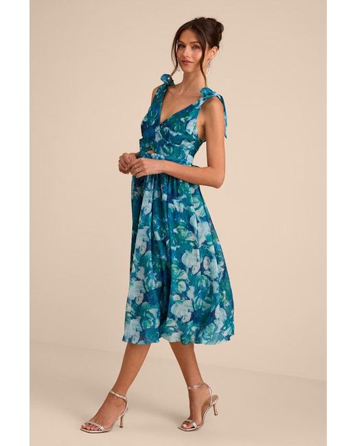 Lulus Blue Flowering Day Dream Floral Organza Midi Bubble Dress