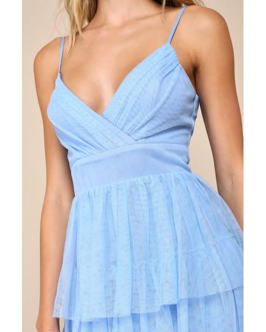 Lulus Blue Rule The Runway Light Tulle Surplice Tiered Maxi Dress