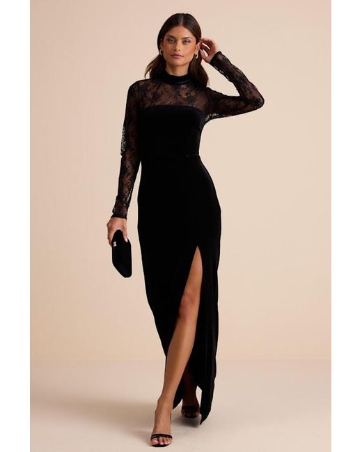 Lulus Avalia Velvet Lace Mock Neck Maxi Dress in Black | Lyst