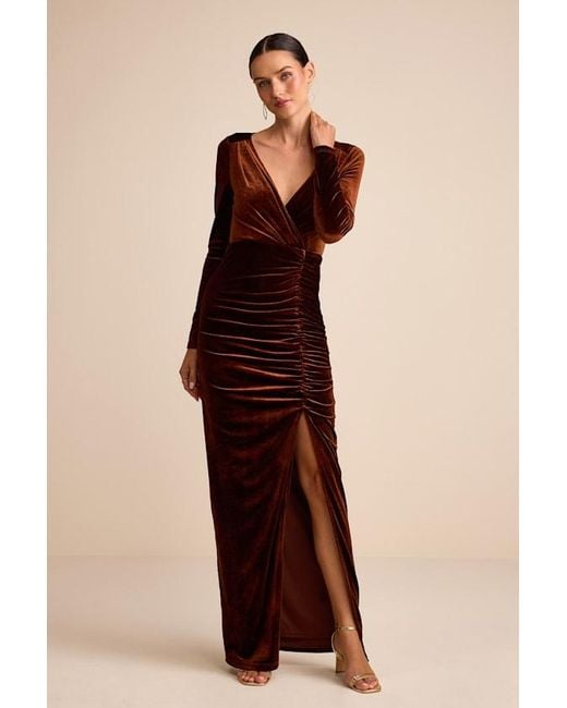 Lulus Natural Yasna Velvet Ruched Surplice Long Sleeve Maxi Dress