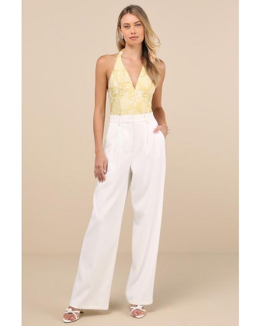 Lulus Yellow Lilou Jacquard Halter Bodysuit