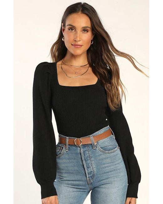 Lulus Black Trendy Classic Ribbed Knit Balloon Sleeve Top