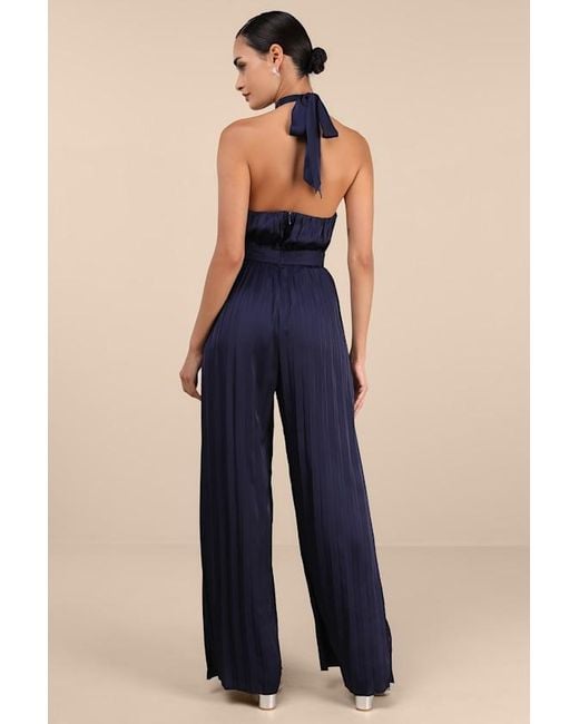 Lulus Blue Confident Impression Satin Pleated Halter Jumpsuit