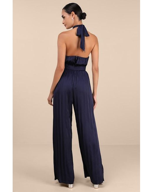 Lulus Blue Confident Impression Satin Pleated Halter Jumpsuit