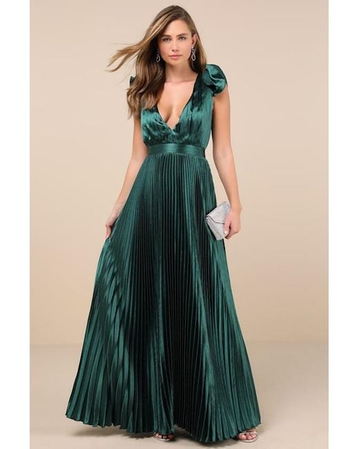 Lulus Blue Exceptional Drama Emerald Satin Lace-Up Pleated Maxi Dress