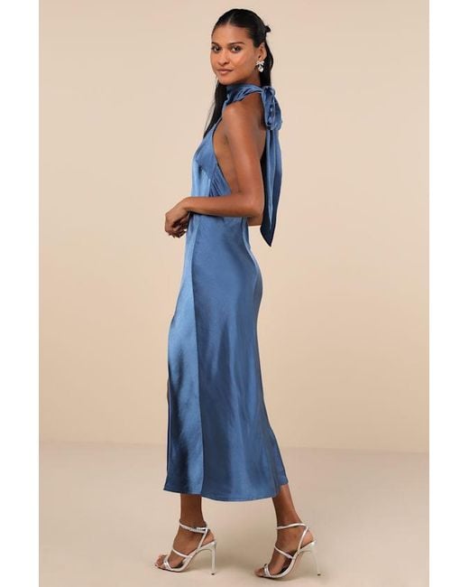 Lulus Blue Exceptional Status Halter Backless Slip Midi Dress