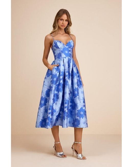 Lulus Blue Vivinna Floral Jacquard Pleated Midi Dress