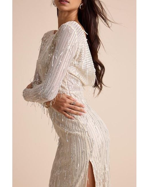 Lulus Natural Glittery Devotion Sequin Fringe Maxi Dress