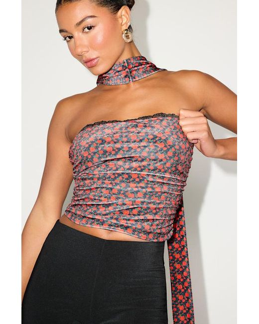 Lulus Black Copeland Floral Velvet Sash Scarf Strapless Crop Top