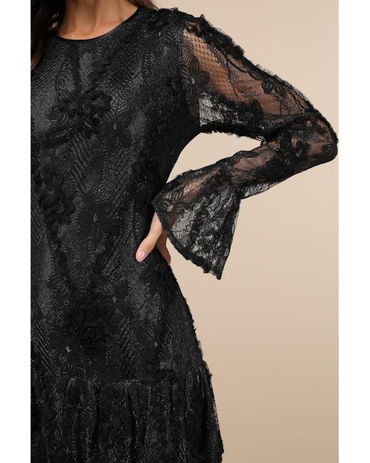 Lulus Black Darling Era Lace Applique Long Sleeve Ruffled Mini Dress