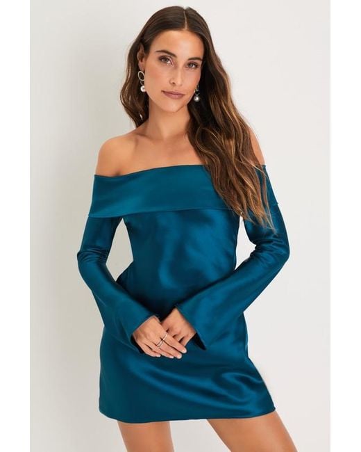 Lulus Blue Luxurious Vision Satin Off-The-Shoulder Mini Dress