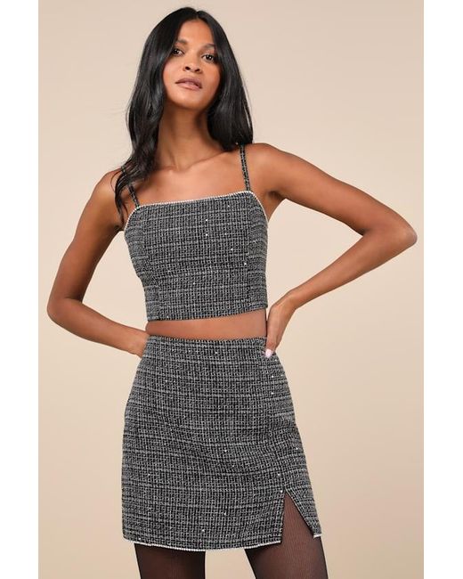 Lulus Natural Charismatically Cute Tweed Rhinestone High-Rise Mini Skirt