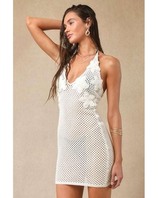 Lulus Natural Beachy Tidings Cream Crochet Halter Mini Swim Cover-Up