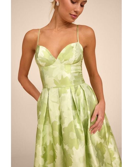 Lulus Yellow Vivinna Lime Floral Jacquard Pleated Midi Dress