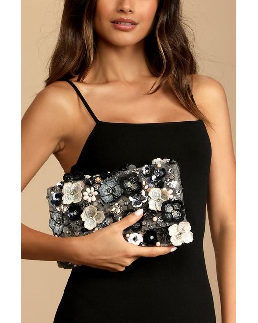 Lulus Black Blossom With Style Velvet Multi Floral Sequin Beaded Clutch