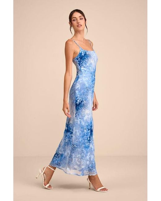 Lulus Blue Zyla Floral Burnout Slip Maxi Dress