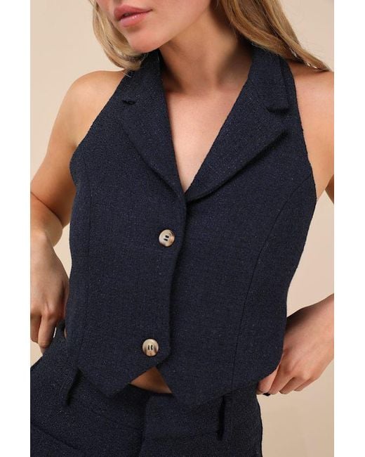 Lulus Blue Looking Posh Tweed Backless Cropped Halter Vest Top