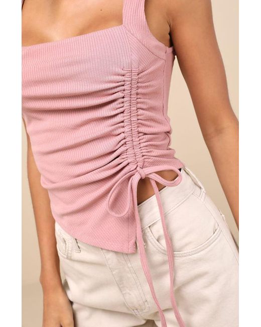Lulus Pink Certainly Flirty Ribbed Ruched Square Neck Tank Top