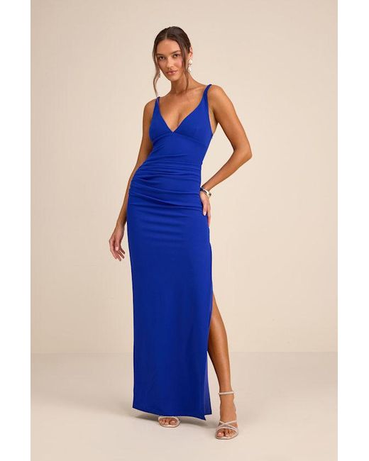 Lulus Blue Leela Ruched Column Maxi Dress