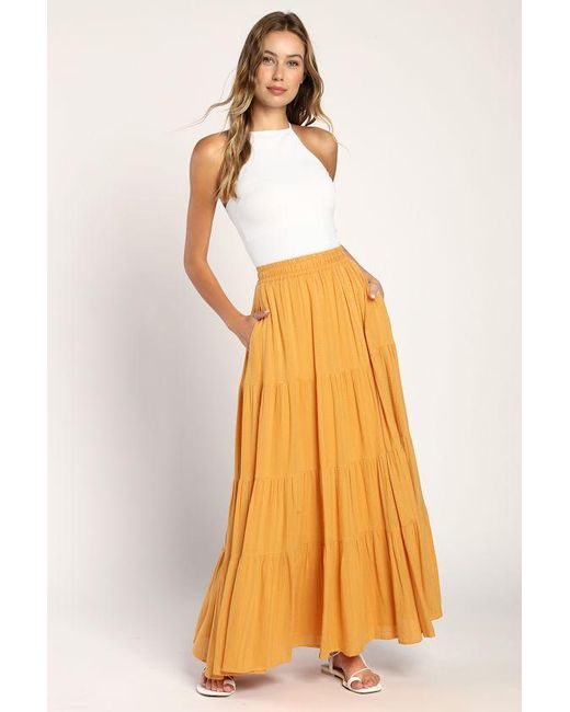 Lulus Yellow Sunset By The Sea Embroidered Tiered Maxi Skirt
