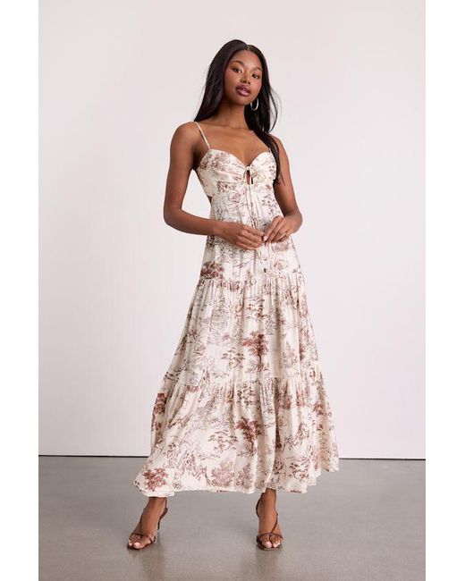 Lulus Pink Molana Cream Botanical Print Tiered Maxi Dress