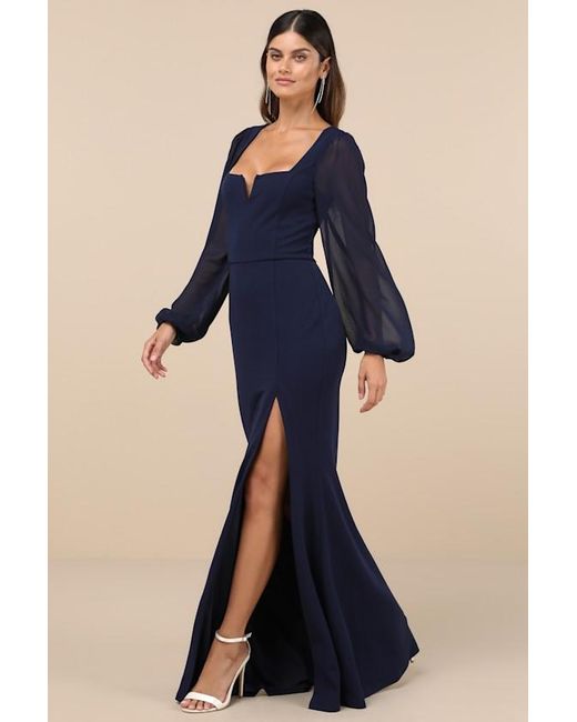 Lulus Blue Composed Elegance Balloon Sleeve Mermaid Maxi Dress