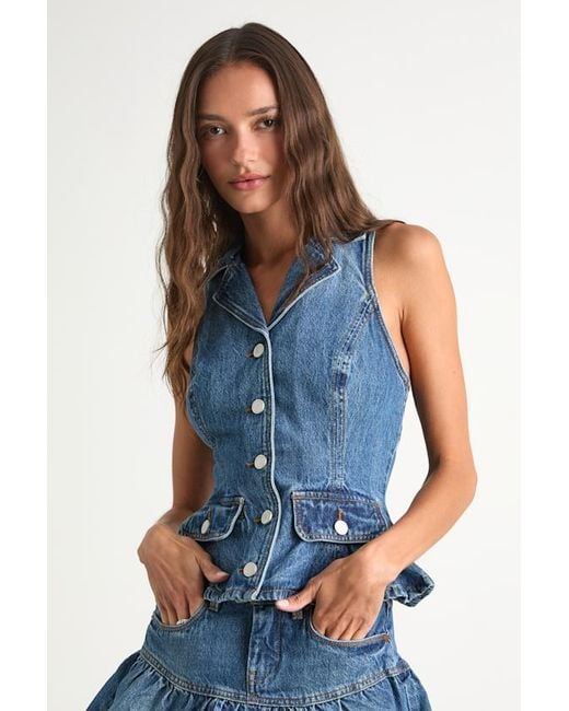 Blank NYC Blue Georgia Wash Denim Peplum Vest Top
