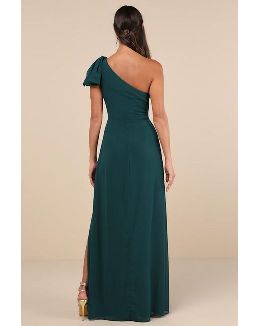 Lulus Blue Simply Brilliant Emerald One-Shoulder Bow Maxi Dress