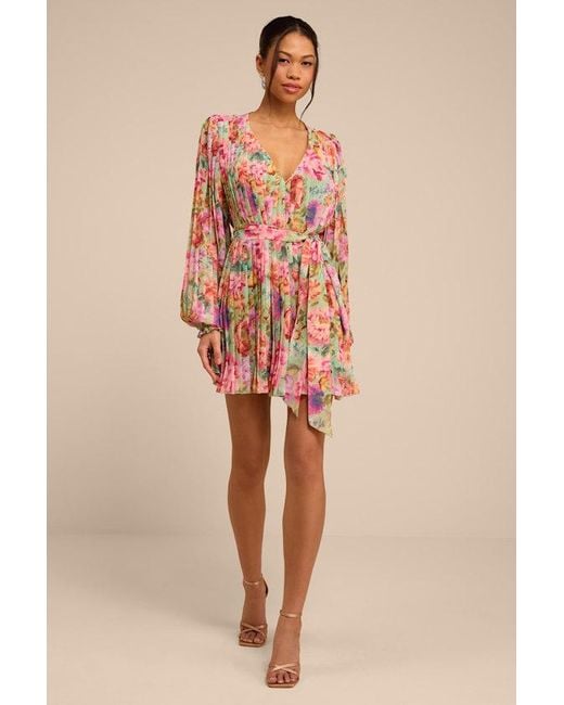 Lulus Red Dalila Sage Multi Floral Pleated Shift Mini Dress