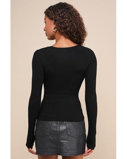 Lulus Black Flirty Little Secret Ribbed Cutout Long Sleeve Top