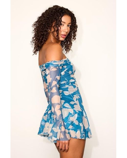 Lulus Blue Milith Floral Mesh Off-The-Shoulder Mini Dress