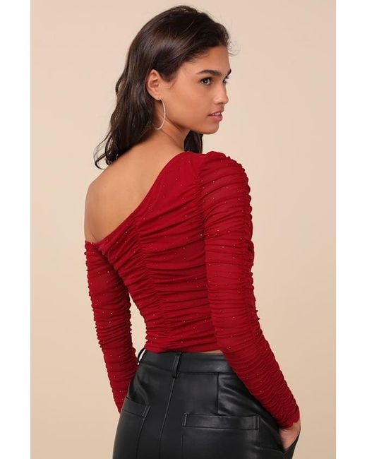 Lulus Red Popular Sparkle Rhinestone Asymmetrical Crop Top