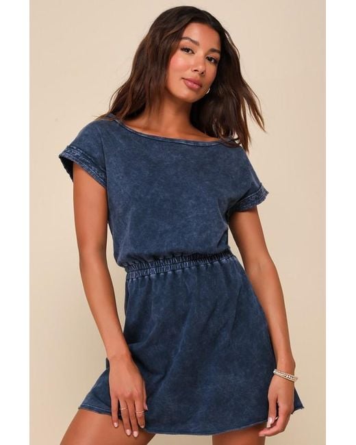 Lulus Blue Definite Beauty Washed Short Sleeve Mini Dress