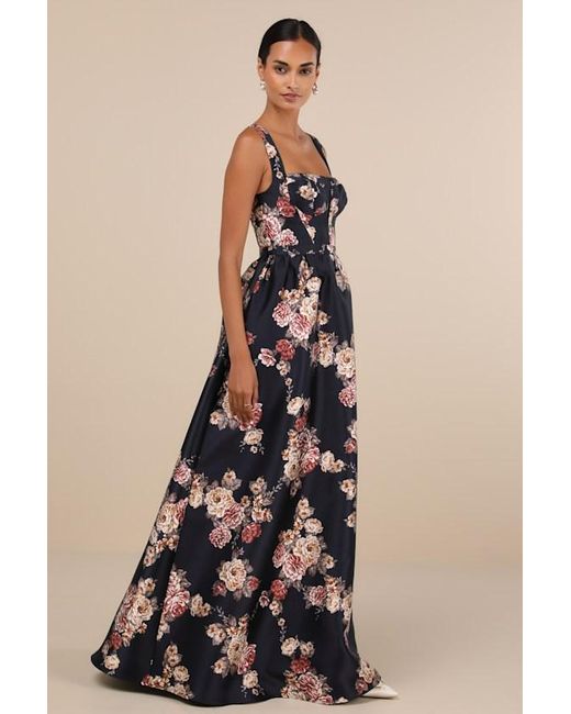 Lulus Blue Elegant Pick Floral Sleeveless Bustier Maxi Dress