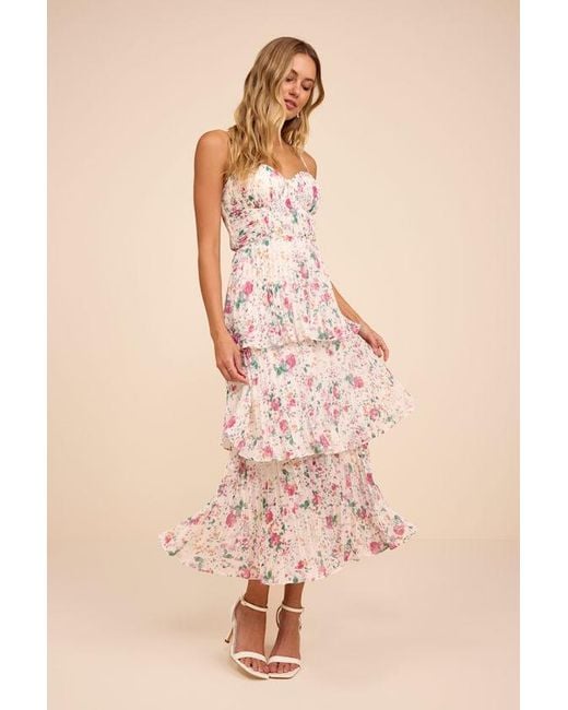 Lulus Natural Cascading Crush Floral Print Tiered Bustier Midi Dress
