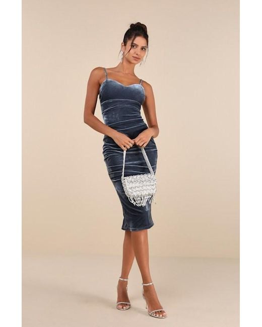 Lulus Blue Plush Personality Velvet Ruched Bodycon Midi Dress