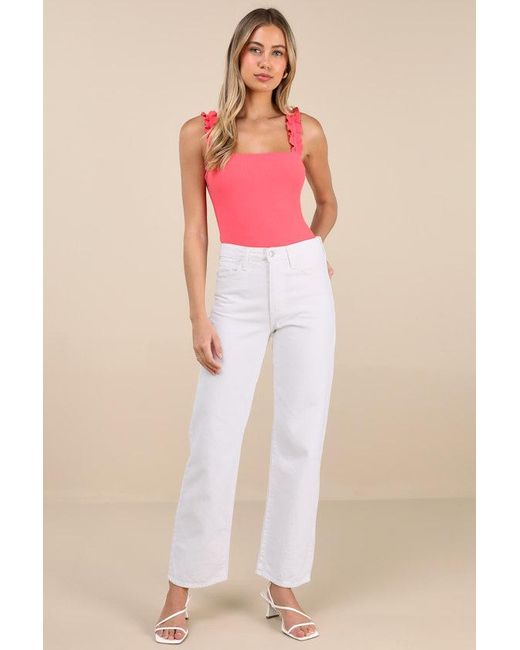 Lulus Pink Musing About You Ribbed Ruffle Strap Bodysuit