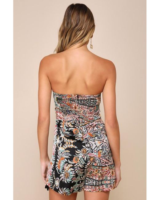 Lulus Natural Bohemian Perfection Boho Floral Strapless Tasseled Romper