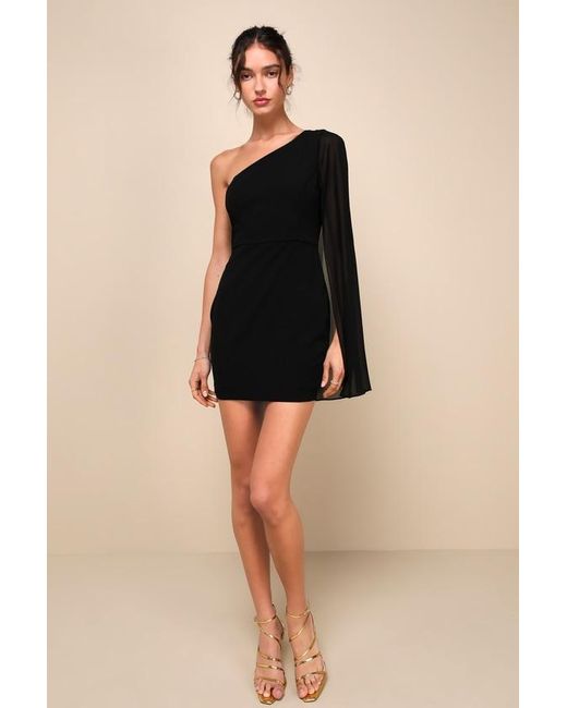 Lulus Black Majestic Energy Cape Sleeve One-Shoulder Mini Dress