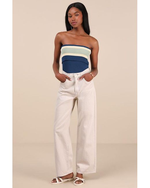 Lulus Blue Sunny Signs Striped Ribbed Knit Strapless Top