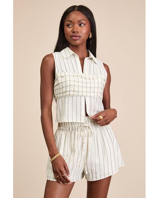 Lulus Natural Clarette Light Striped Pleated Collared Top