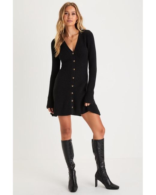 Lulus Black Adorably Flirty Button-Front Sweater Mini Dress