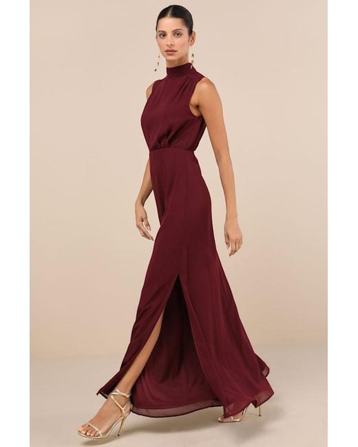 Lulus Red Classic Elegance Plum Chiffon Sleeveless Mock Neck Maxi Dress