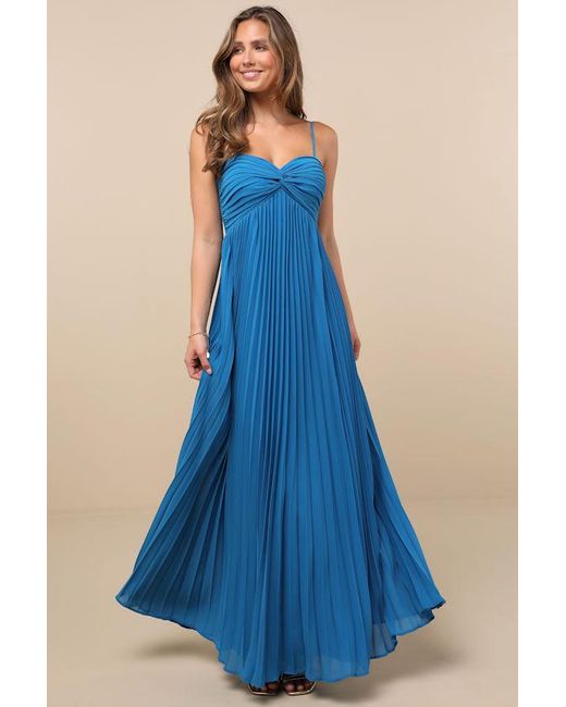Lulus Blue Jolette Pleated Knot-Front Maxi Dress