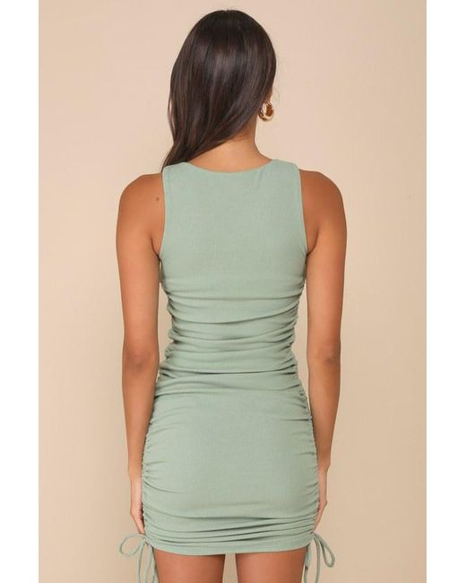 Lulus Green Over And Over Ribbed Drawstring Ruched Bodycon Dress