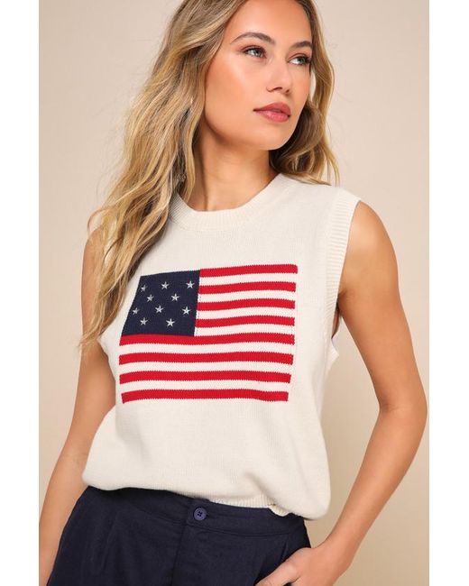 Lulus Blue Stylish Liberty American Flag Knit Crew Neck Sweater Vest