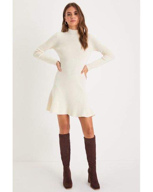 Lulus Natural Adorable Intentions Mock Neck A-Line Mini Sweater Dress